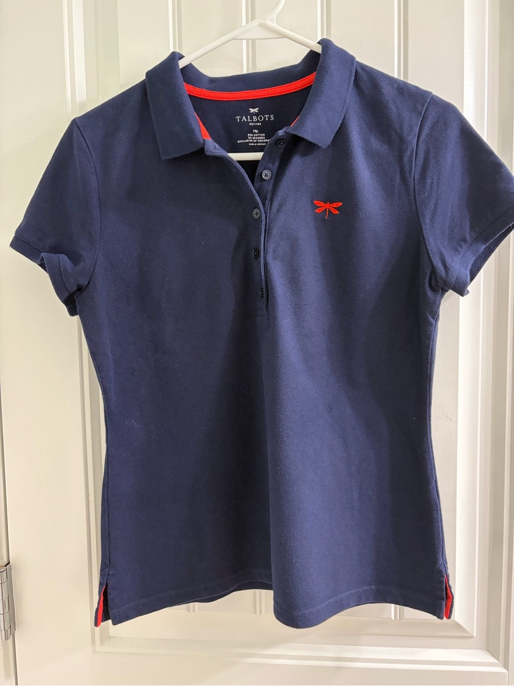 Talbots Navy Short-Sleeve Polo with Red Dragonfly Embroidery